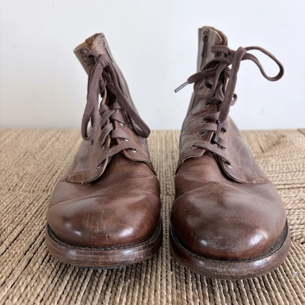 Frye Mens Sz 11D Bowery Lace-Up Boots Brown Leather Side Zip Military Utility